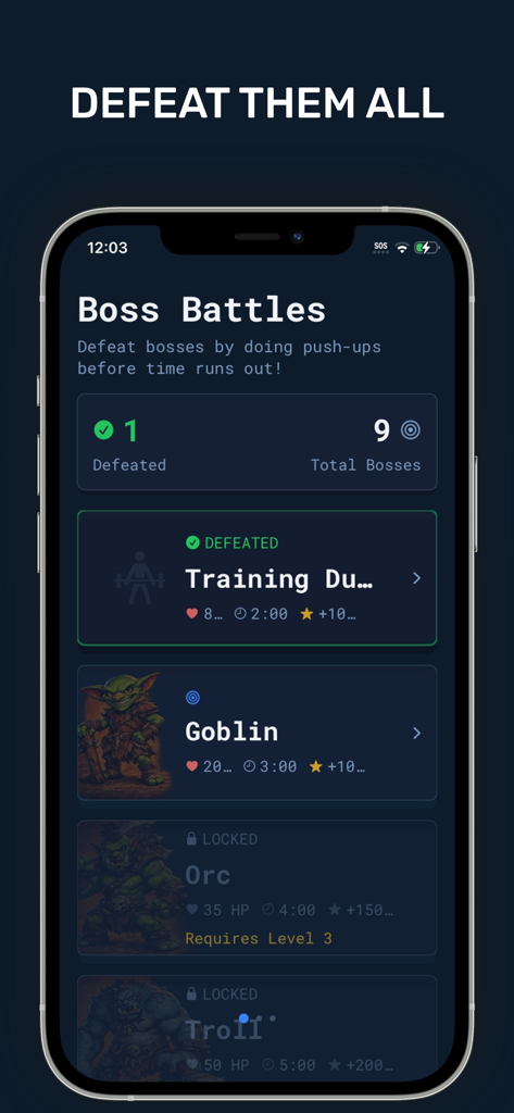 PUPG - Push Up PlayGround - PUPG mobile app Boss Battles screen featuring RPG style monsters for push up challenges