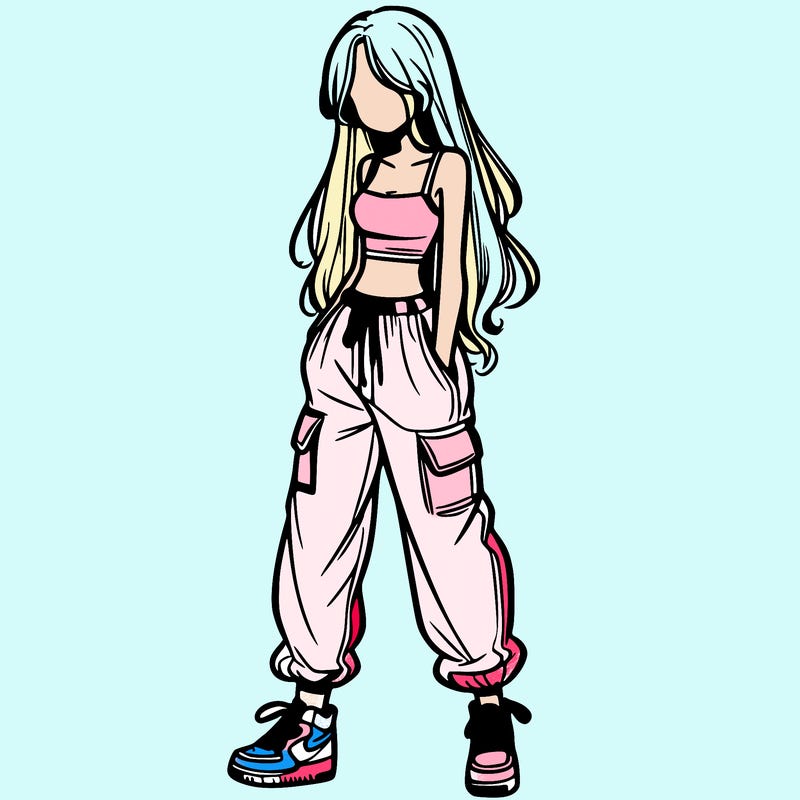 girl in baggy pants crop top and long hair