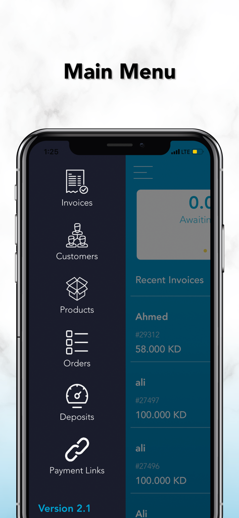 MyFatoorah mobile app main menu displaying business tools like invoices and customer orders