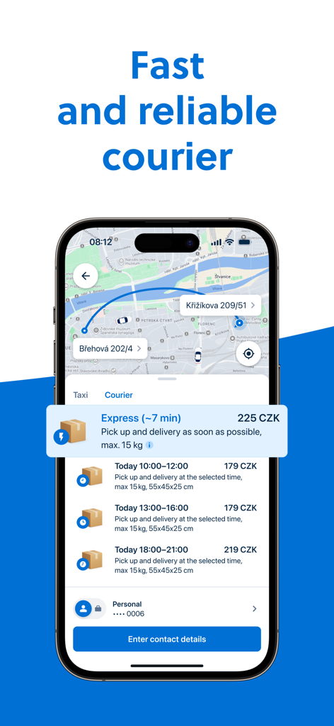 Liftago: Travel safely - Liftago app interface showing fast and reliable courier delivery options on a map of Prague