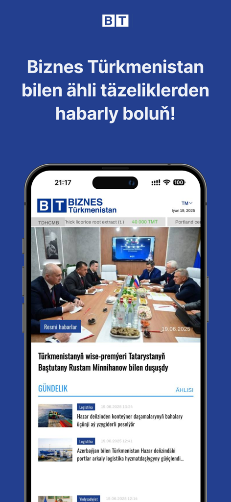 Biznes Türkmenistan - Screenshot of the Biznes Turkmenistan mobile app showing a business news feed with articles on international relations and logistics