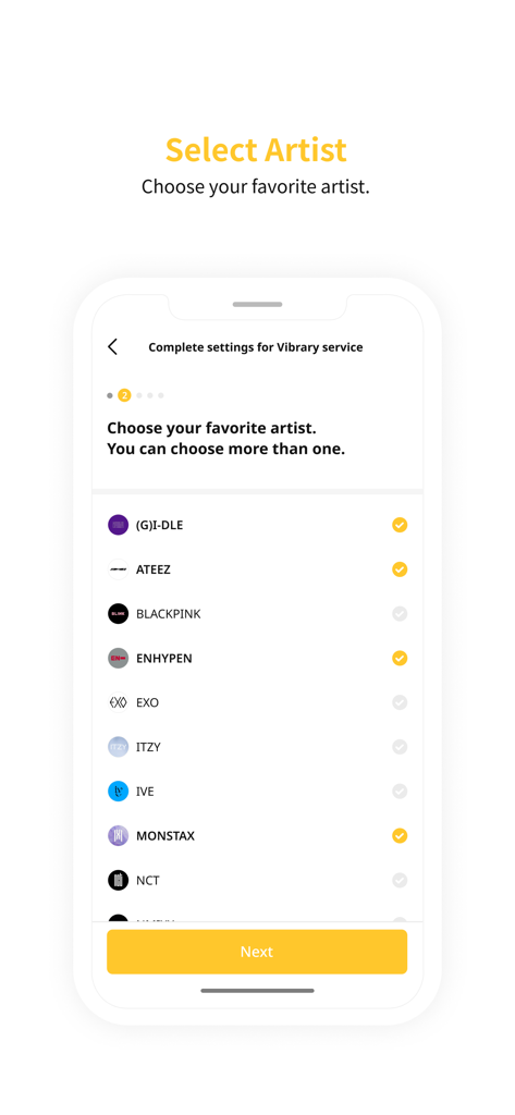 Schermata mobile che mostra un elenco di artisti K-pop come BLACKPINK e ATEEZ da selezionare nell'onboarding dell'app Vibrary.