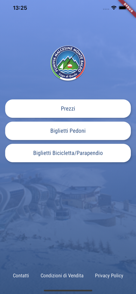 Startbildschirm der Funivie del Baldo App mit Ticket- und Preisoptionen.