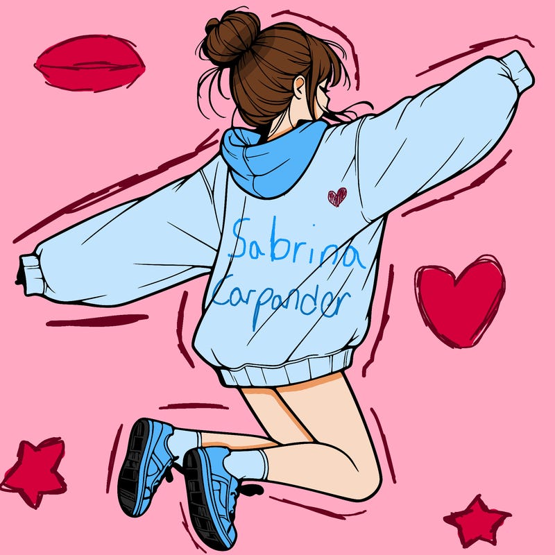 realistic girl jumping with a bun and oversized sweatshirt