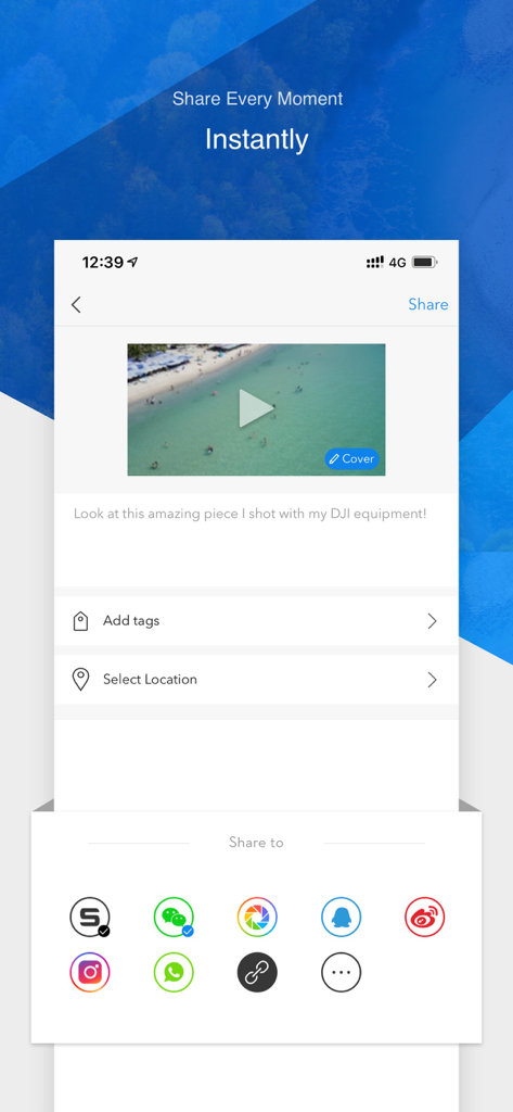 DJI GO 4 app screen showing options to share aerial drone footage to social media platforms like Instagram and WhatsApp