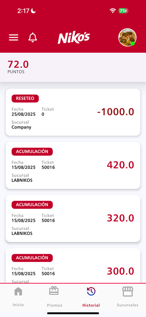 Niko´s - Nikos restaurant app loyalty points history screen showing recent transaction details and current balance