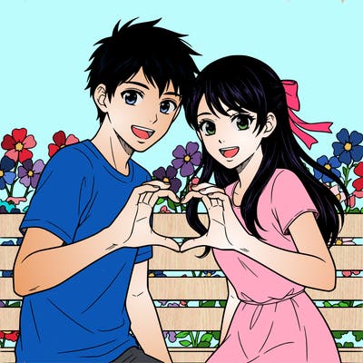 manga couple making a heart with hands