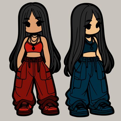 girl in baggy pants crop top and long hair