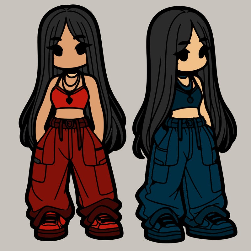 girl in baggy pants crop top and long hair