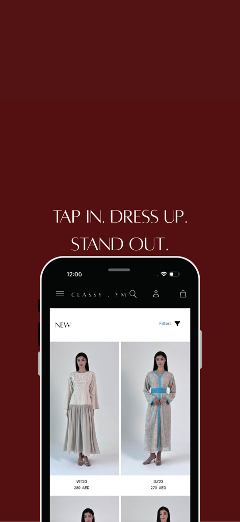 Classy YM - Classy YM mobile app interface displaying a curated collection of modest dresses and abayas.