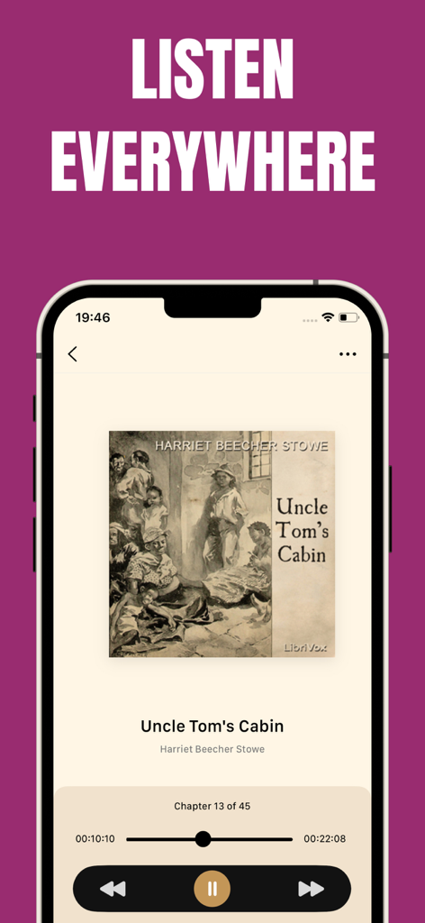 Gutenberg app audiobook player interface displaying Uncle Tom's Cabin