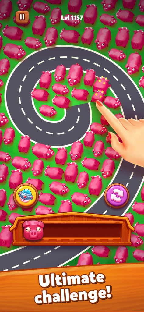 Farm Jam: Animal Escape Game - 円形の道路を持つ複雑な空間パズルで多数のピンクの豚が表示されているFarm Jamのモバイルゲームスクリーンショット