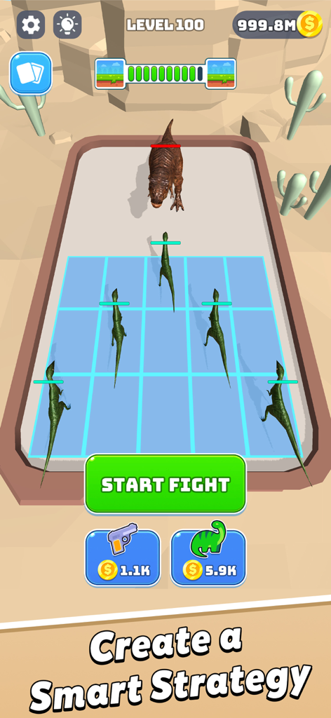 Merge Master: Dinosaurs Game - A strategy gameplay screen from Merge Master Dinosaurs Game showing a dinosaur battle setup on a grid.