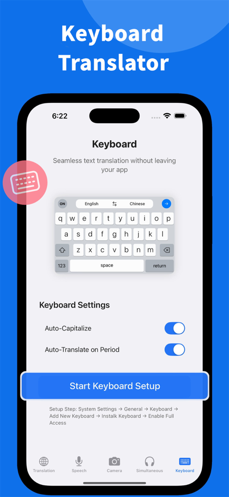 Voice Translate Pro - AI Talk - Extensión de teclado de Voice Translate Pro que muestra la interfaz de traducción de texto de inglés a chino.