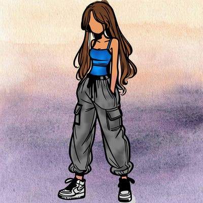 girl in baggy pants crop top and long hair