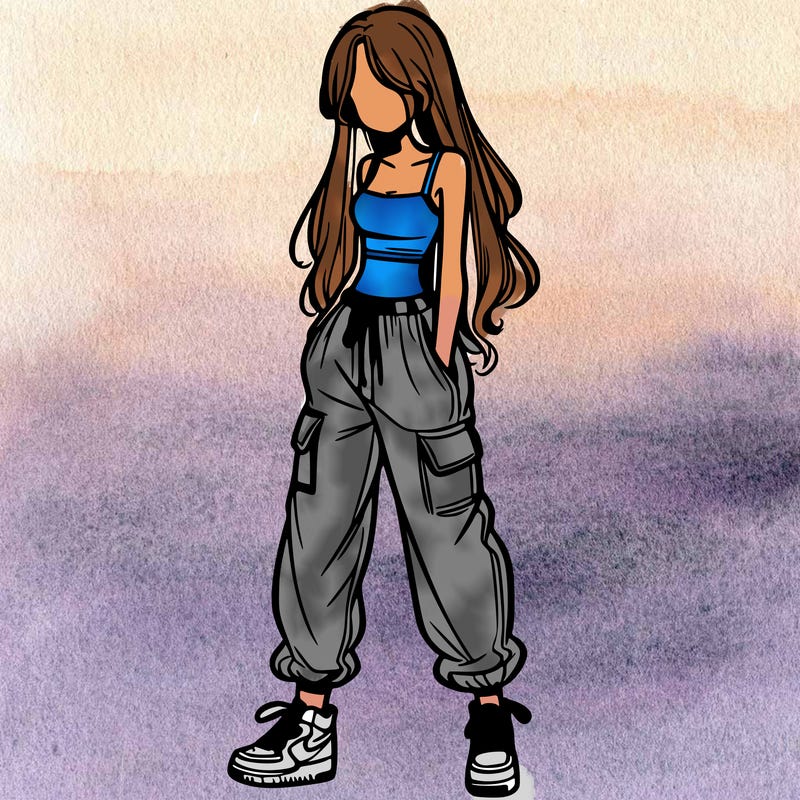 girl in baggy pants crop top and long hair