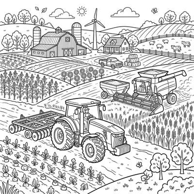 Dive into the heart of the countryside with this exciting agricultural vehicles coloring page. Discover mighty tractors, busy combines, and a bustling farm full of life, ready for your creative touch.