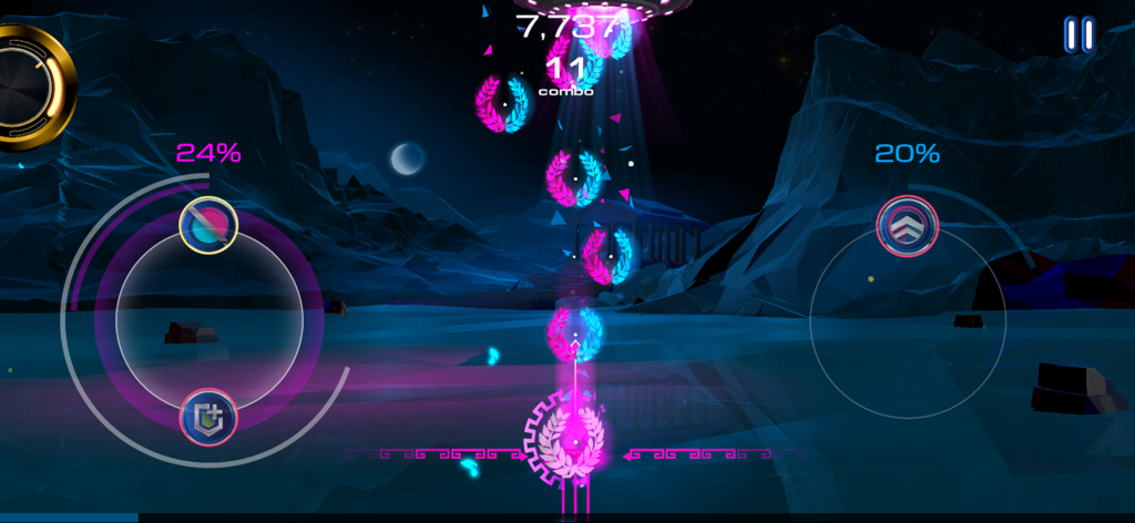 Ginst - Music Game - Gameplay screenshot of Ginst music game showing glowing pink and blue notes falling in a futuristic night environment