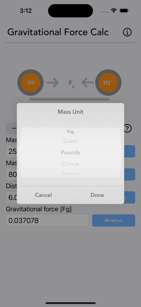 Gravitational Force Calculator - Mass unit selection menu in the Gravitational Force Calculator app showing options like Kg and Pounds
