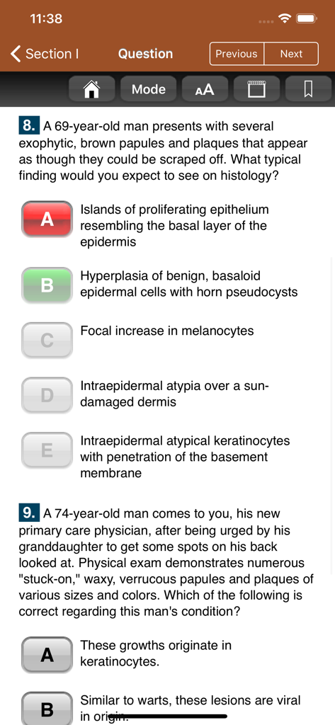 Multiple choice medical board exam questions on a mobile app interface
