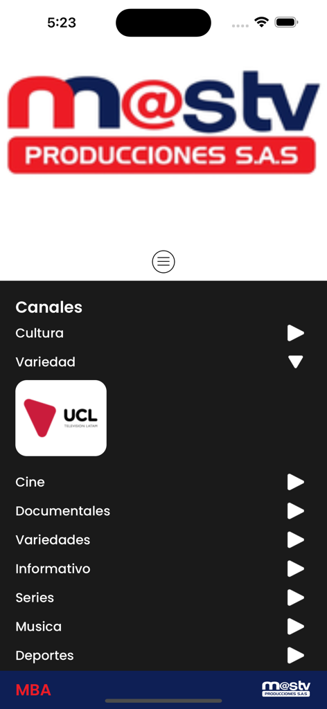 M@s TV - Menú de la aplicación M@s TV que muestra categorías de canales de televisión en español.