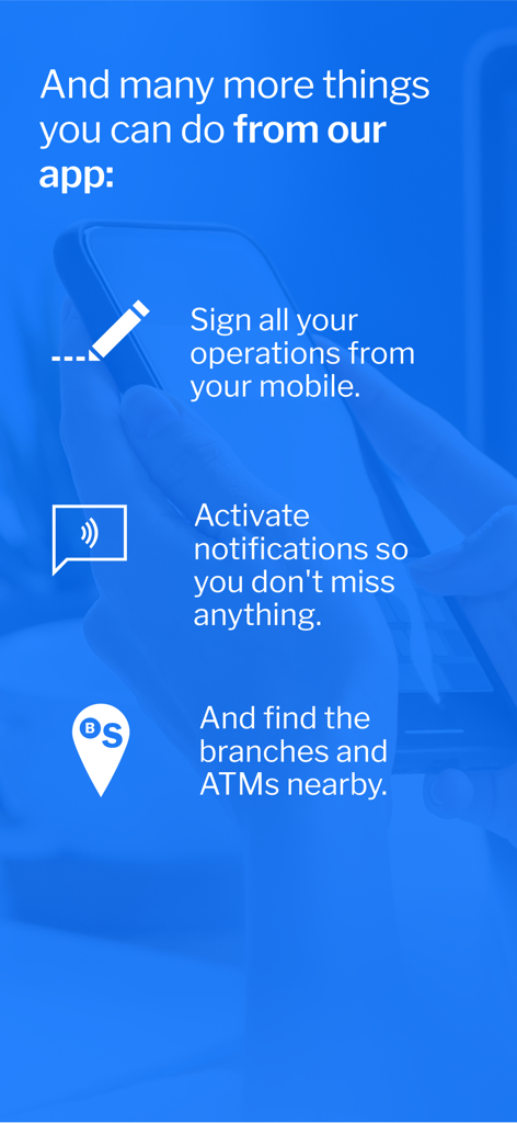 Pantalla de la app Banco Sabadell destacando firmas móviles, configuración de notificaciones y el localizador de sucursales y cajeros automáticos.