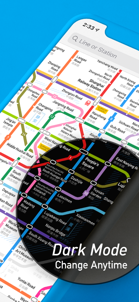 MetroMan Shanghai - La aplicación MetroMan Shanghai muestra el modo oscuro en un mapa de metro detallado