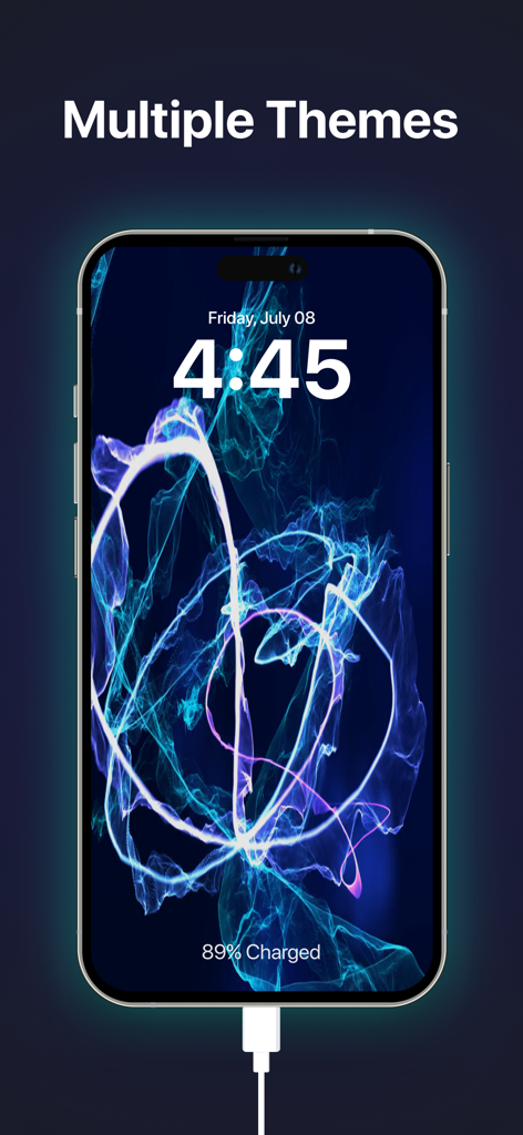 iPhone display with vibrant blue and purple neon charging animation and text saying multiple themes