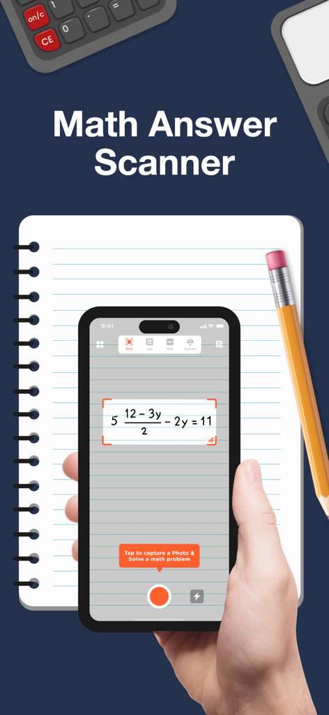 The Math Solver App & Helper - Hand holding a smartphone using the Math Answer Scanner app to scan a math equation on a notebook