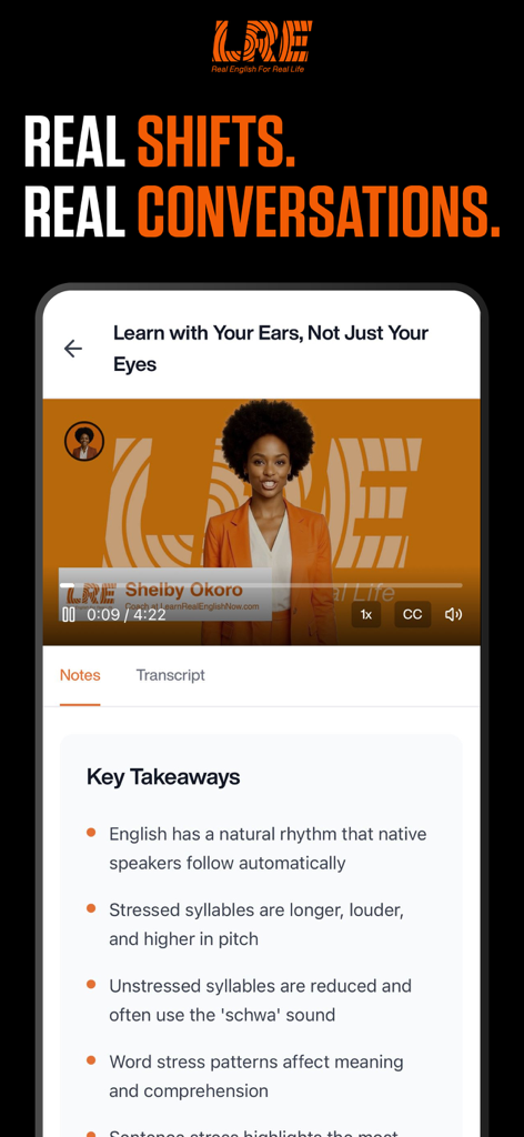 LRE® - Learn Real English - LRE app video lesson screen showing key takeaways for English pronunciation and rhythm with a video coach