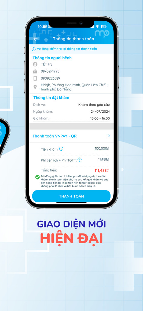 Bệnh viện Trưng Vương - Mobile app screen for Trung Vuong Hospital showing patient information and medical fee payment details