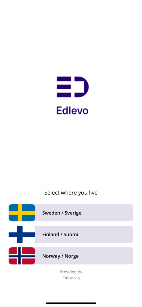 Edlevo - Edlevo app startup screen showing country selection options for Sweden, Finland, and Norway