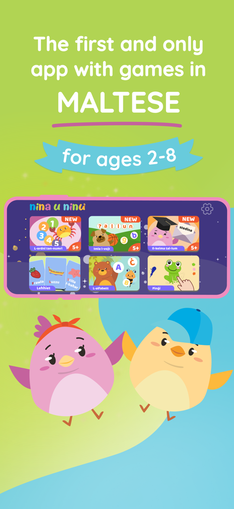 Nina u Ninu app dashboard featuring educational games in Maltese for children aged 2 to 8