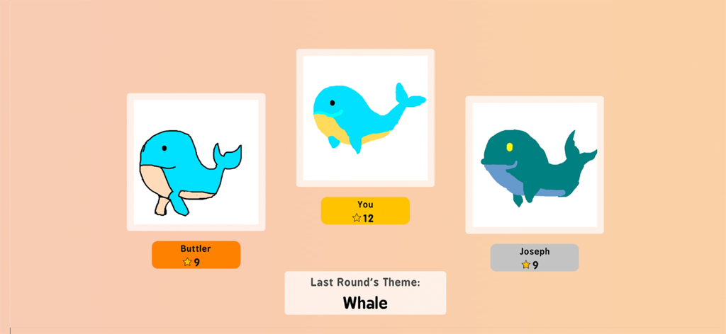 Coloring book paint drawing - Una interfaz de juego de dibujo rápido que muestra tres dibujos de ballenas de diferentes usuarios con calificaciones de estrellas