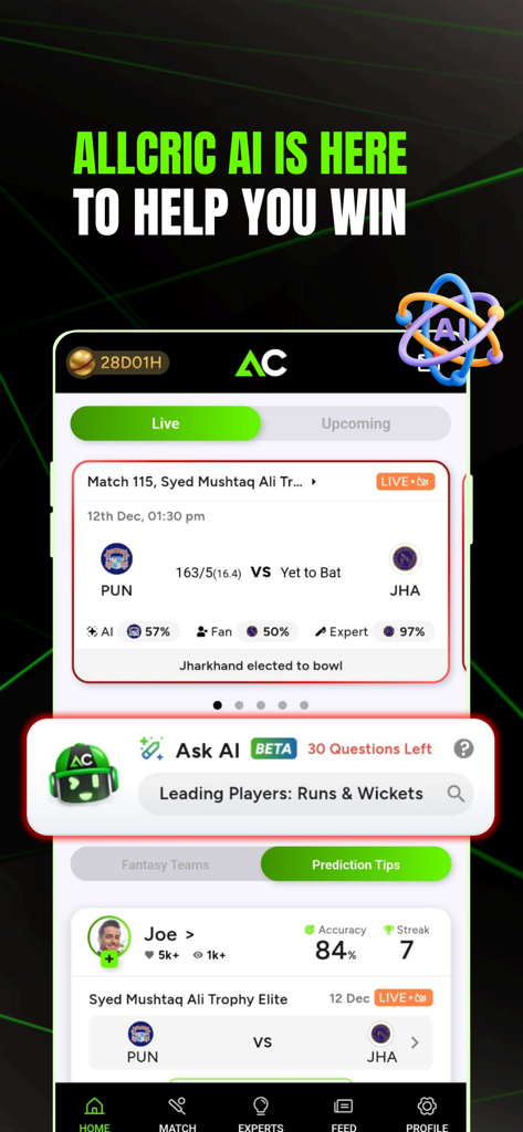 AllCric – Cricket Score App - AllCric app interface featuring AI-powered cricket match predictions, live scores, and expert tips.