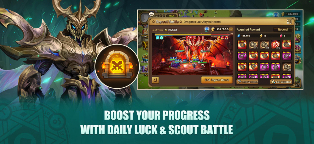 Summoners War - Image promotionnelle de Summoners War présentant un puissant guerrier en armure et une fenêtre de jeu affichant les récompenses des combats répétés.