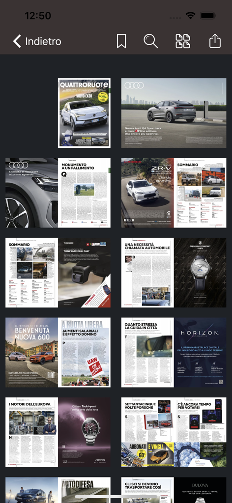 Digital overview showing several pages of Quattroruote magazine within the mobile application