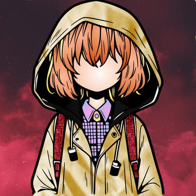 little anime girl in a raincoat her hair is covering her eyes she has a lighter