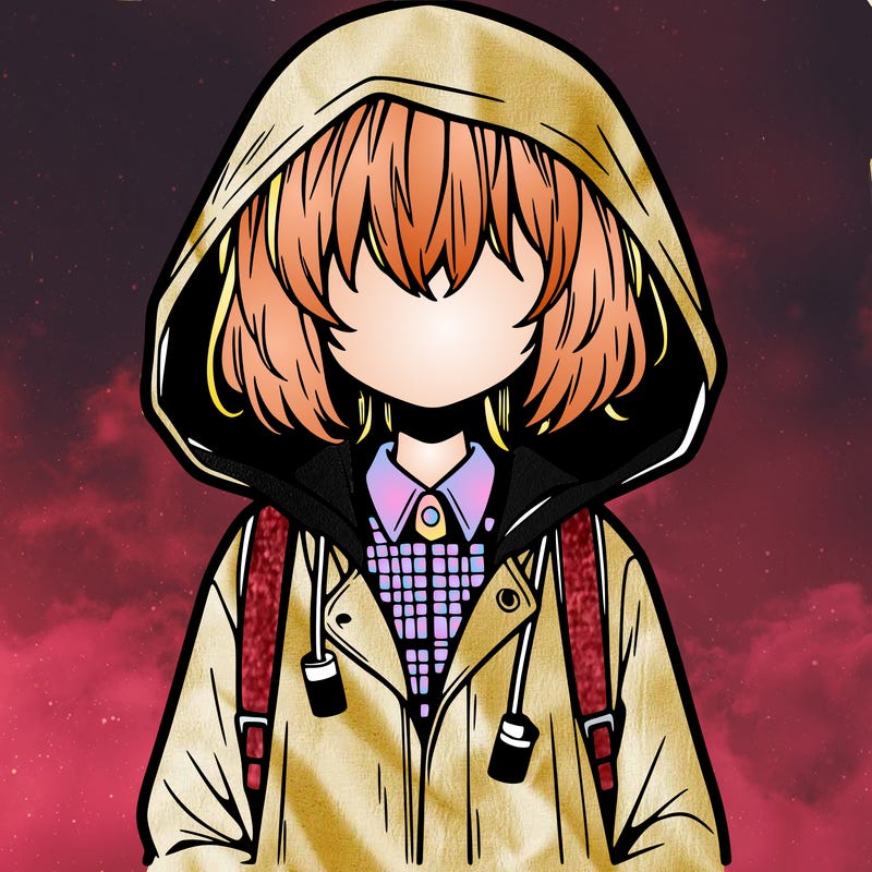 little anime girl in a raincoat her hair is covering her eyes she has a lighter