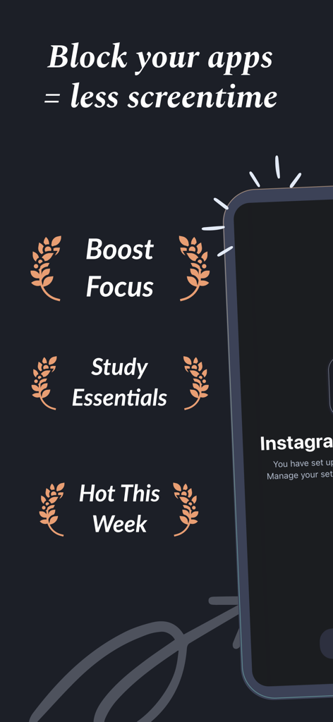 Pantalla promocional de la aplicación Focus Lock que destaca el aumento de la concentración y los elementos esenciales para el estudio para reducir el tiempo de pantalla