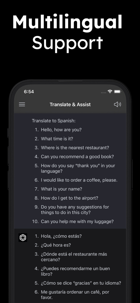 Screenshot of ChatPlus AI app demonstrating multilingual support by translating English phrases into Spanish
