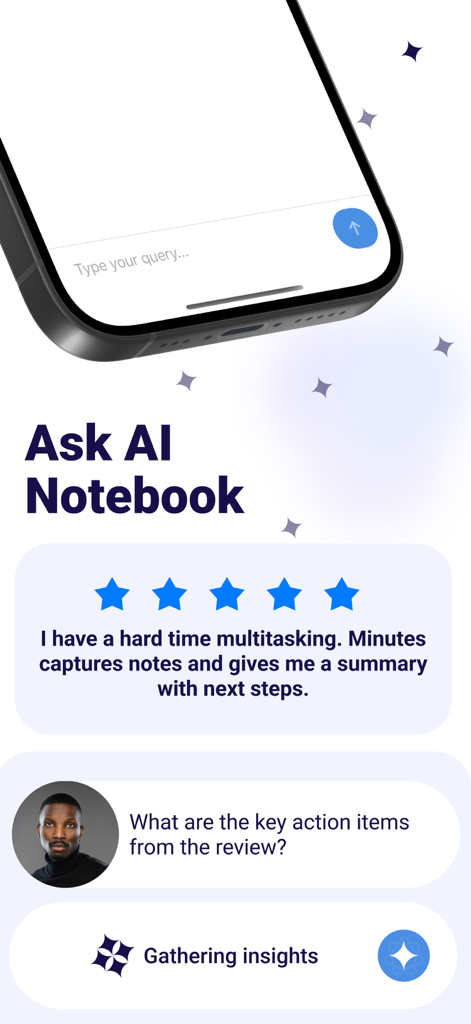 Note Taker: AI Minutes - Un professionista che utilizza la funzione Ask AI Notebook nell'app Note Taker per trovare le azioni chiave da una trascrizione di riunione