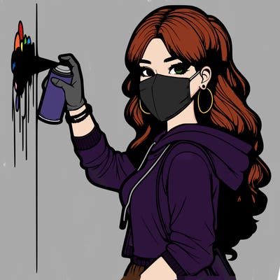 realistic girl with mask spray painting a wall