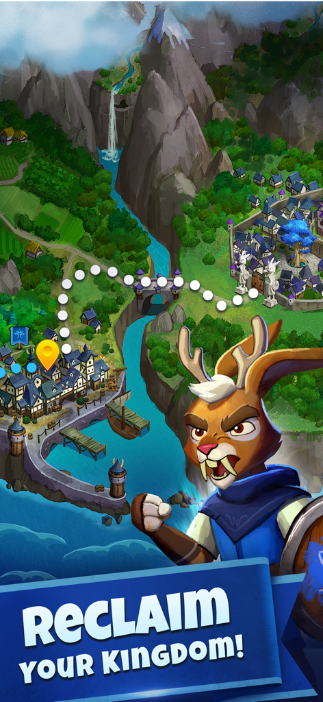 Tower Rush - Tower Defense TD - Rabbit warrior character in front of a fantasy map with the slogan Reclaim Your Kingdom