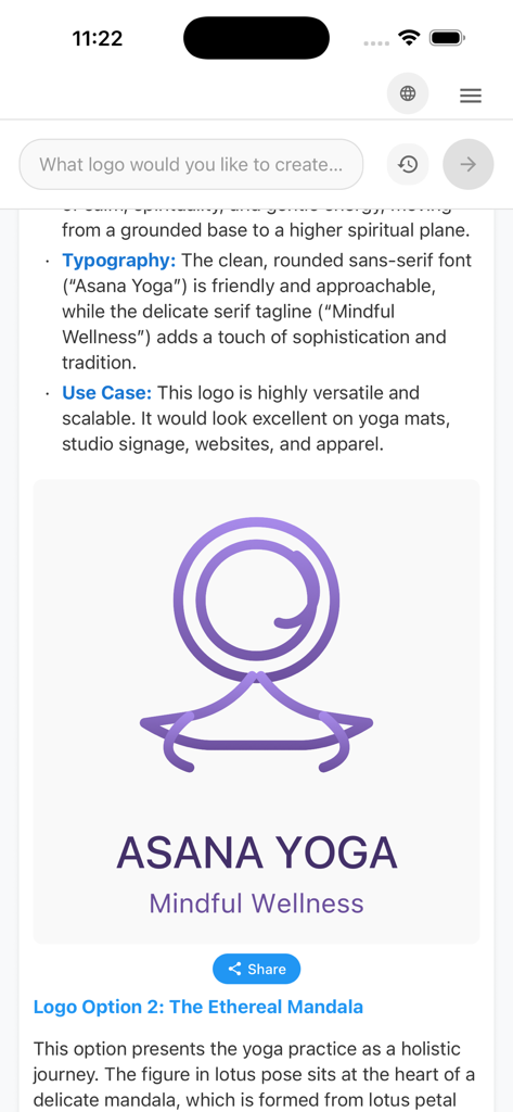 GG AI LogoMaker - Concepto de logo de yoga generado por IA para Asana Yoga con un icono de persona morado y un eslogan de bienestar consciente.