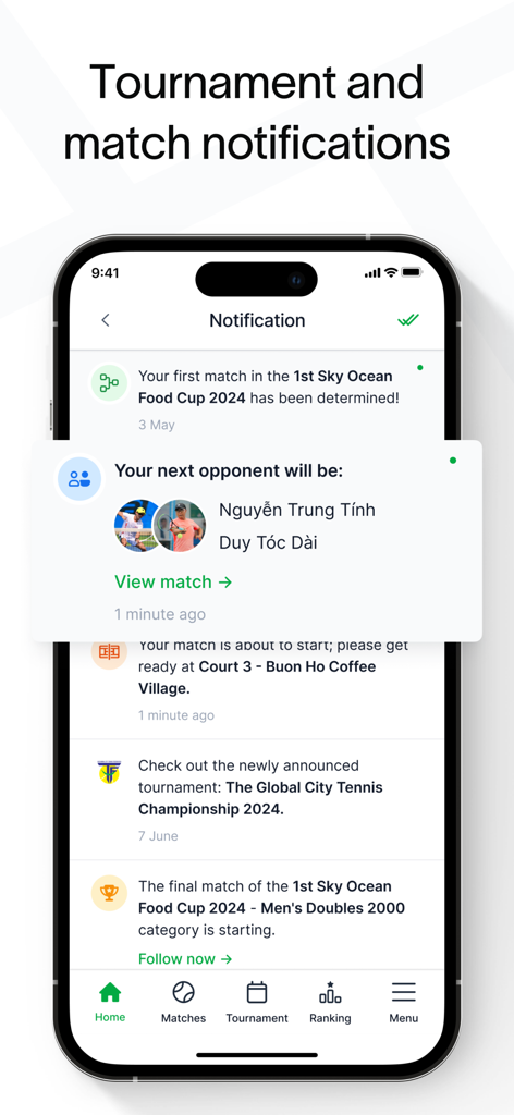 Baseline - Tennis & Pickleball - スポーツトーナメントと試合の通知を表示するBaselineアプリのモバイルインターフェース
