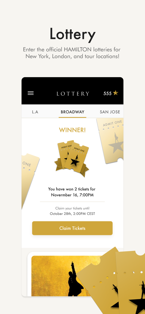 Hamilton - The Official App - Tela de vencedor da loteria do aplicativo oficial Hamilton para ingressos da Broadway