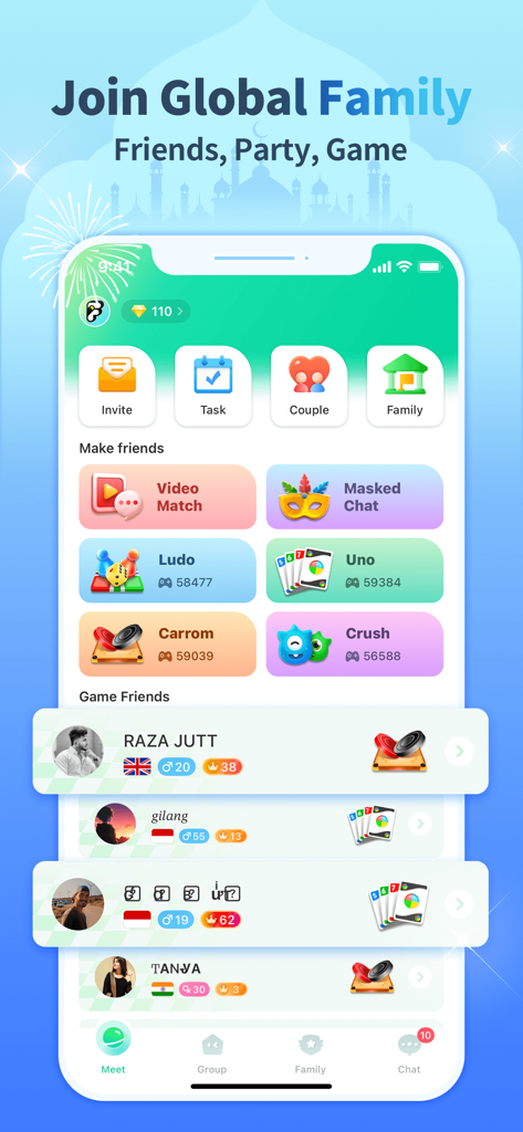 Famy - Famy app interface for joining global families and playing social games with friends