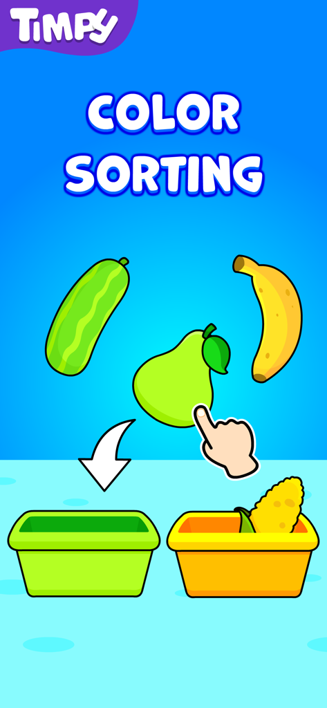 Toddler Games for 1 Year Olds~ - A color sorting game screen where a child sorts green and yellow fruits and vegetables into matching colored bins