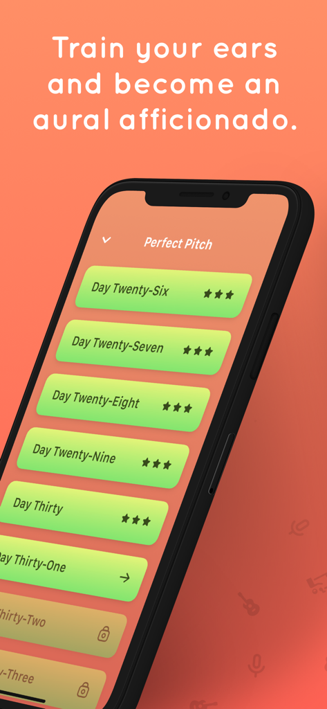 Tone-App Benutzeroberfläche mit täglichen Gehörbildungs-Levels und Fortschrittssternen